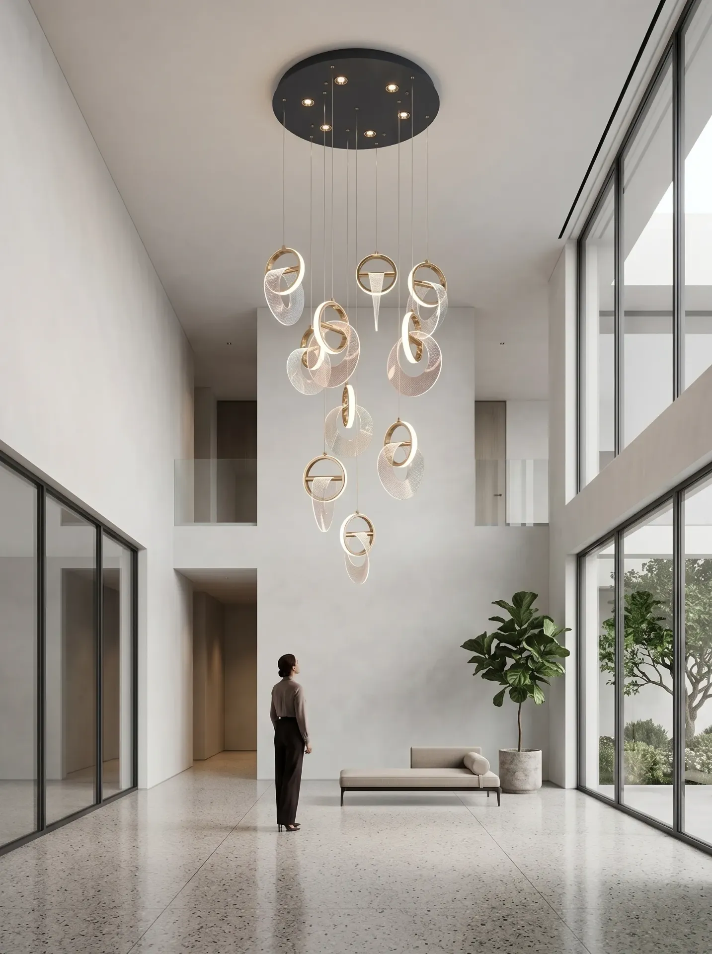 Acrylic Ring Double Height Chandelier